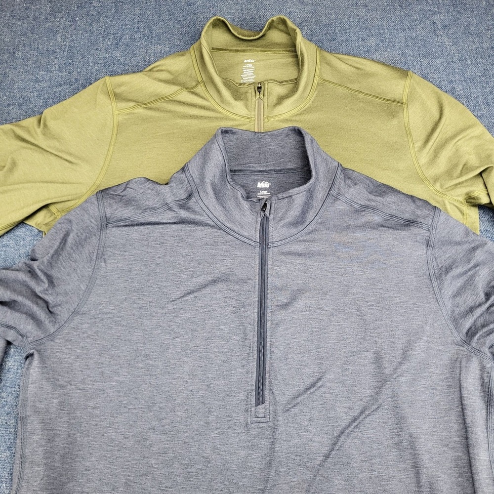 Lot of 2 REI Co-op Mens Large Quarter Zip Base Layer Pullovers Olive Gray